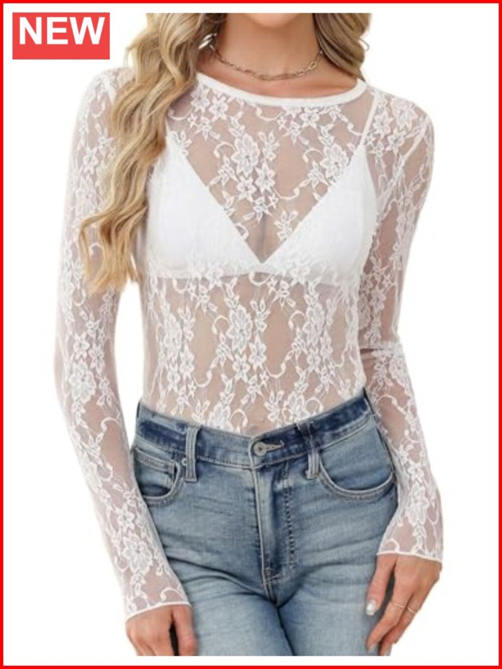LOMON Womens Mesh Lace Long Sleeve Crew Neck See Through Blouse Top